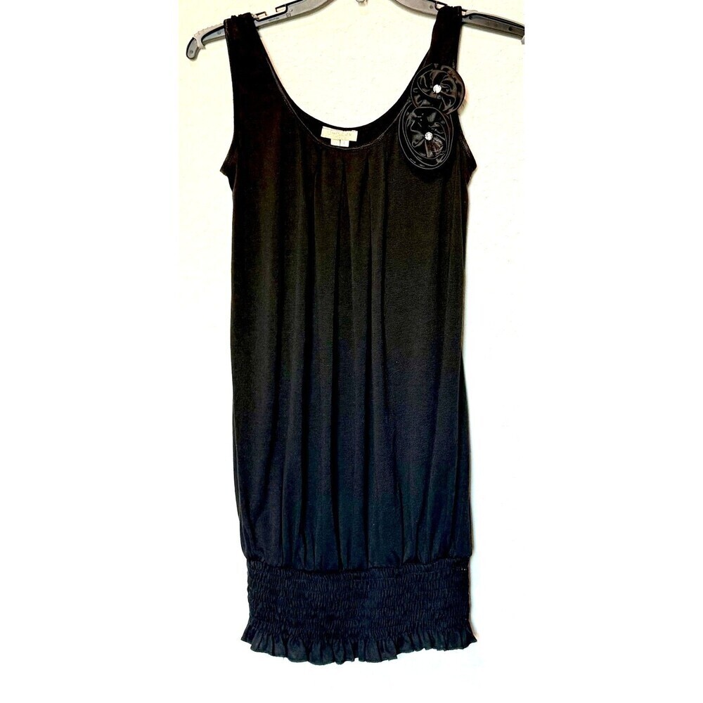 Women’s Black Top Large Silk Flower Rhinestone details USA, Y2K Grunge